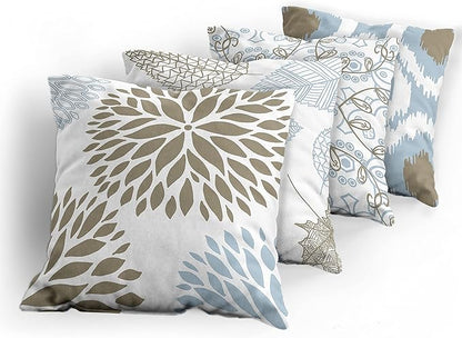 Ambesonne Vintage Throw Pillow Cushion Case Pack of 4, Bohemian Ornamental Leaves Dahlia Pattern Geometric Art Curlicue Motif, Modern Accent Double-Sided Digital Printing, 24", Blue Grey and Cocoa