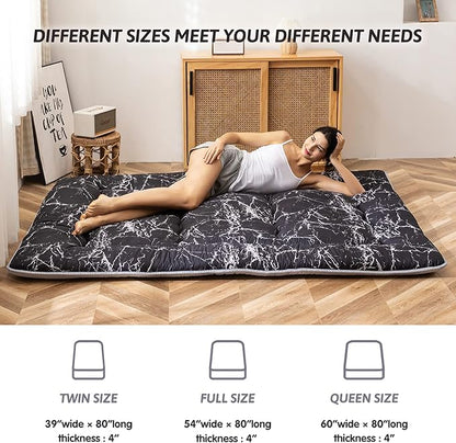 MAXYOYO Black Marble Printed Japanese Futon Floor Mattress, Thicken Sleeping Pad Floor Bed Roll Up Camping Guest Mattress Folding Couch Bed, Full Size