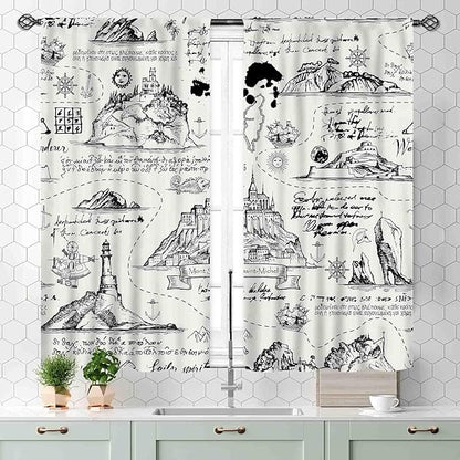 Vintage Nautical Curtains, Marine Coastal Sailboat Compass Anchor Ocean Beach Old Pirate Map Retro Window Drapery Treatments for Bedroom Living Room Kitchen Bathroom 2 Panels, 55x39 Inch