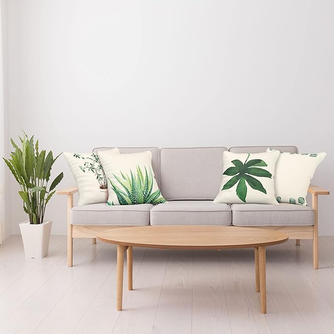 Ambesonne Botanical Throw Pillow Cushion Case Pack of 4, Minimalist Watercolor Painting Leaves Agave Branches Plant in a Pot, Modern Accent Double-Sided Digital Printing, 18", Green White Pale Rust