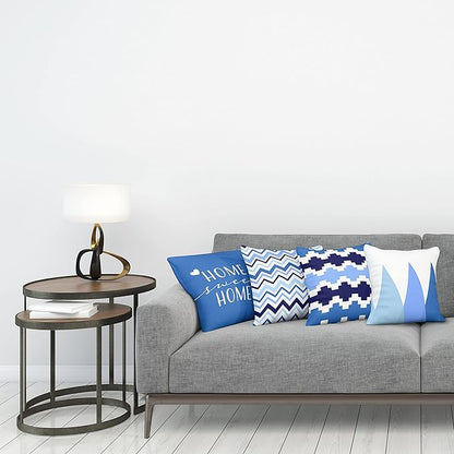 Ambesonne Modern Throw Pillow Cushion Case Pack of 4, Geometric Style Pattern of Triangles Zigzags Love Home Phrase Print, Modern Accent Double-Sided Digital Printing, 18", Azure Blue Indigo and White