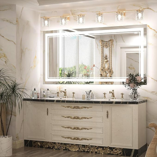 Keonjinn LED Bathroom Mirror 48" x 24" with Frontlit and Backlit, Stepless 3 Colors Temperature & Dimmable Wall Mirror, Tempered Glass, UL Listed LED Driver, Double LED Strips Lighted Vanity Mirror