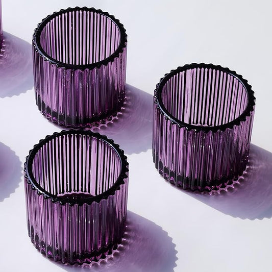 VOHO Large Votive Candle Holders for Table Centerpiece, 6pcs Purple Glass Ribbed Candle Holder for Halloween Decorations, Vintage Tealight Candle Holder for Baby Shower/Easter/Diwali(2.75"W x 2.56"H)