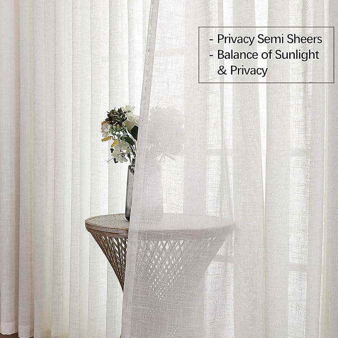 Neutral Linen Sheer Pinch Pleated Sliding Door Curtains, 2x50 Inches Width, Ivory Beige Light Filtering Drapes 90 Inches Long, Textured Modern Farmhouse Window Curtain Panels