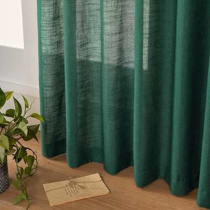 Emerald Green Curtains Semi Sheer 108 Inch Long, Dark Linen Textured Light Filtering Drapes for Living Room, Hunter Green Window Decor, Floor to Ceiling Pinch Pleat Curtain with Hooks