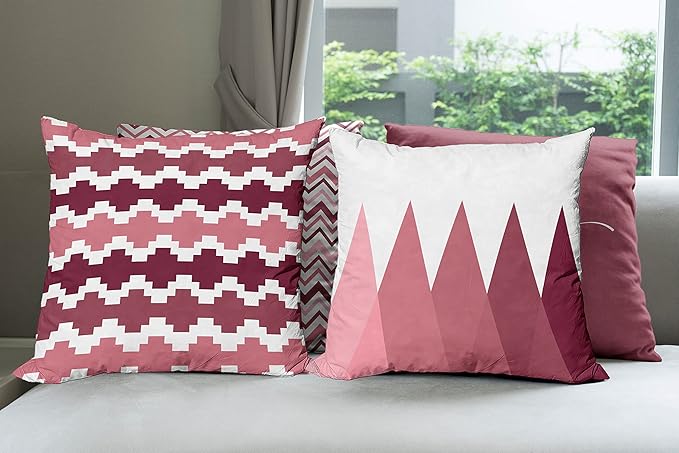 Ambesonne Modern Throw Pillow Cushion Case Pack of 4, Geometric Style Pattern of Triangles Zigzags Love Home Phrase Print, Modern Accent Double-Sided Digital Printing, 24", Raspberry Rose and White