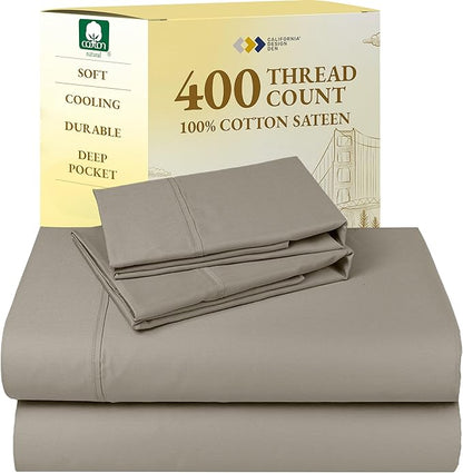 California Design Den King Bed Sheets Set - Soft 400 Thread Count Sateen, Natural 100% Cotton Sheets,Durable & Breathable Bedding with Deep Pockets - Taupe