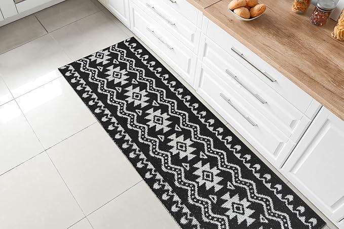 Custom Length Cut to Size Tribal Ethnic Southwestern Inspired Hallway Runner Rug, Non Slip Rubber Backed, 31 inch Wide X Customized Length, Aztec Black, 31 inch X 23 feet