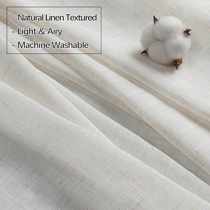Neutral Linen Sheer Pinch Pleated Sliding Door Curtains, 2x50 Inches Width, Ivory Beige Light Filtering Drapes 90 Inches Long, Textured Modern Farmhouse Window Curtain Panels
