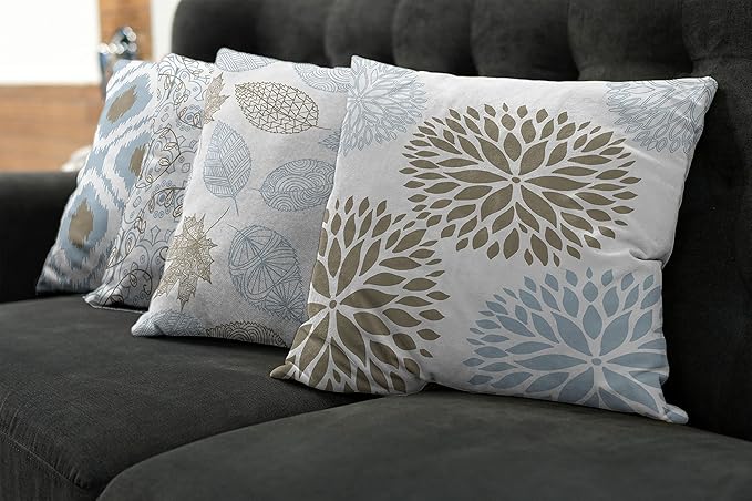 Ambesonne Vintage Throw Pillow Cushion Case Pack of 4, Bohemian Ornamental Leaves Dahlia Pattern Geometric Art Curlicue Motif, Modern Accent Double-Sided Digital Printing, 24", Blue Grey and Cocoa
