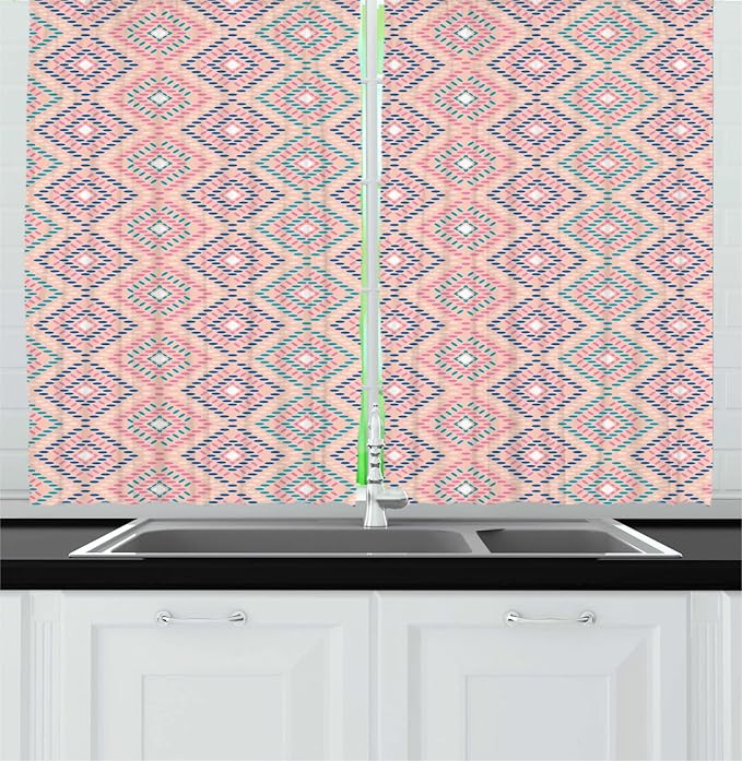 Lunarable Aztec Long Kitchen Curtains, Warm Pastel Colored Modern Traditional Folkloric Ethnic Rhombus Squares, 2 Panel Set Drapes with Rod Pocket Room Decor, 55" x 45", Blush Indigo Pale Teal