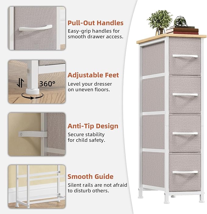 Somdot Narrow Dresser with 4 Drawers, Slim Storage Organizer Chest of Drawers with Removable Fabric Drawers for Small Spaces Bathroom Closet Bedroom Laundry, Ash Grey