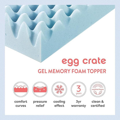 Best Price Mattress 4 Inch Egg Crate Memory Foam Mattress Topper with Cooling Gel Infusion, CertiPUR-US Certified, Dorm Essentials, TwinXL, Light Blue