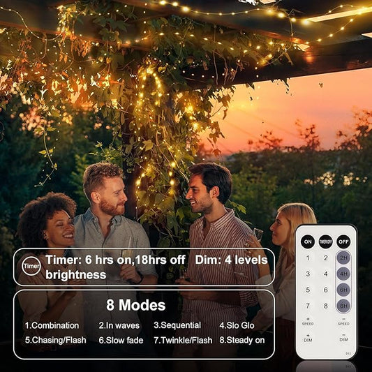 33FT 200 LED Fairy Lights Battery Operated with Timer & Remote, 8 Modes Dimmable Twinkle Lights, Waterproof Warm White Fairy String Lights for Outdoor Patio Wedding Mason Jar Party Bedroom Classroom