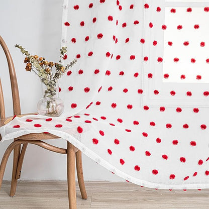 MYSKY HOME Red Pom Pom Curtains for Kitchen 45 Inch Long Bedroom Curtains Christmas Small Windows Light Filtering Sheer Curtains for Nursery Short Cafe Bathroom Privacy Rod Pocket 2 Panels 52 x 45 in