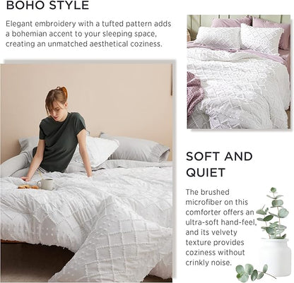 Bedsure Full Comforter Set - White Comforter, Boho Tufted Shabby Chic Bedding for Kids, 3 Pieces Vintage Farmhouse Bed Set for All Seasons, Fluffy Soft Bedding with 2 Pillow Shams