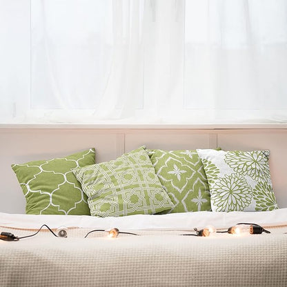 Ambesonne Vintage Throw Pillow Cushion Case Pack of 4, Monochrome Design Grid Trellis Quatrefoil Mesh and Dahlia Flowers Modern, Modern Accent Double-Sided Digital Printing, 18", Olive Green