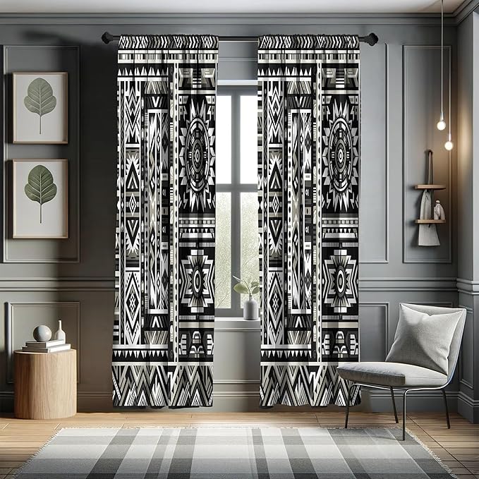 Ambesonne Southwestern Window Curtains Pack of 2, Monochrome Colors Design with Zigzags Arrows and Cultural Motifs, Lightweight Set with Rod Pocket, 4 Panels of - 28" x 84", Charcoal Grey Pale Sepia