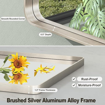 60x28 Inch Brushed Nickel Bathroom Mirror, Large Brushed Silver Metal Framed Wall Mirror, Rounded Corner Rectangle Modern Vanity Mirror, Tempered Glass, Anti-Rust, Shatterproof (Horizontal/Vertical)