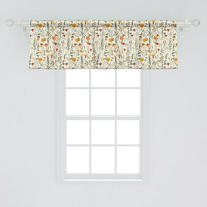 Ambesonne Fall Window Valance, Wild Flowers Illustration Print Vintage Autumnal Theme Farmhouse Vibe, Curtain Valance for Kitchen Bedroom Decor with Rod Pocket, 54" X 18", Mustard Orange Sage Green