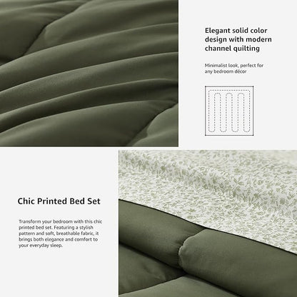 Monbix Full Comforter Set - 7 Pieces Olive Green Bed in a Bag Full Size Track Stitching Bedding Sets, All Seasons Down Alternative Comforter with Sheets,Pillowcases & Shams