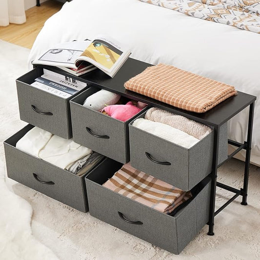 OLIXIS Dresser for Bedroom with 5 Drawers, Wide Chest of Drawers, Fabric Bedroom Dresser with Drawer Organizers, Storage Organizer Unit with Fabric Bins for Closet, Living Room, Hallway, Grey