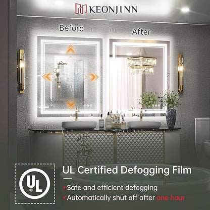 Keonjinn LED Bathroom Mirror 30 x 36 Inch with Front and Back Light, Stepless 3 Colors Temperature & Dimmable Backlit Mirror, UL Listed LED Driver, Double Lights Tempered Glass LED Wall Vanity Mirror