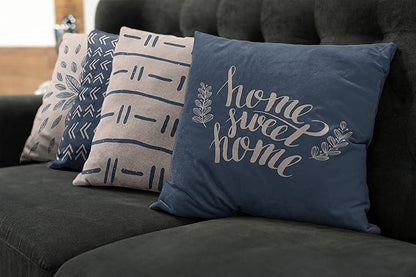 Ambesonne Modern Throw Pillow Cushion Case Pack of 4, Scandinavian Minimal Ornaments Boho Feather Leaves and Home Phrase, Modern Accent Double-Sided Digital Printing, 16", Pale Tan and Slate Blue
