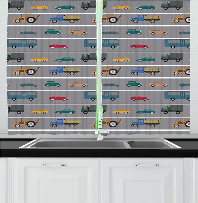 Lunarable Transportation Kitchen Curtains, Pattern of Horizontally Driven Vehicles Cars Trucks Buses Road Vibes, Window Drapes 2 Panel Set for Kitchen Cafe Decor, 55" x 24", Dimgray Multicolor