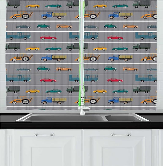 Lunarable Transportation Kitchen Curtains, Pattern of Horizontally Driven Vehicles Cars Trucks Buses Road Vibes, Window Drapes 2 Panel Set for Kitchen Cafe Decor, 55" x 24", Dimgray Multicolor
