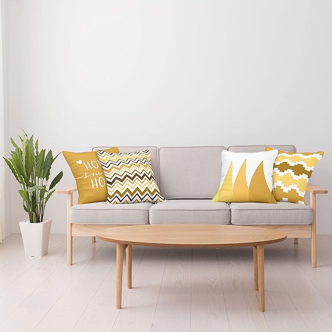 Ambesonne Modern Throw Pillow Cushion Case Pack of 4, Geometric Style Pattern of Triangles Zigzags Love Home Phrase Print, Modern Accent Double-Sided Digital Printing, 18", Pale Orange Amber and White