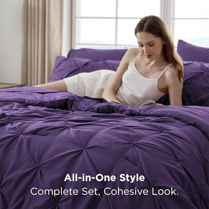 Bedsure King Size Comforter Set Purple - Bed in a Bag Bedding Set 7 Pieces, GentleSoft™ Pintuck Bed Set Gift for Family, Pinch Pleat Purple Comforter with Sheets, Pillowcases & Shams