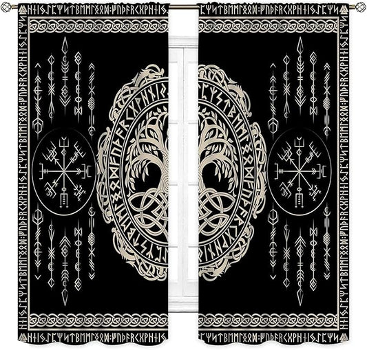 Viking Curtains, Nordic Tree of Life Celtic Rune Scandinavian Gothic Norse Mythology Aesthetic Retro Drapery for Bedroom Living Room Bathroom Window 2 Panel Set, 42"x45" Inch