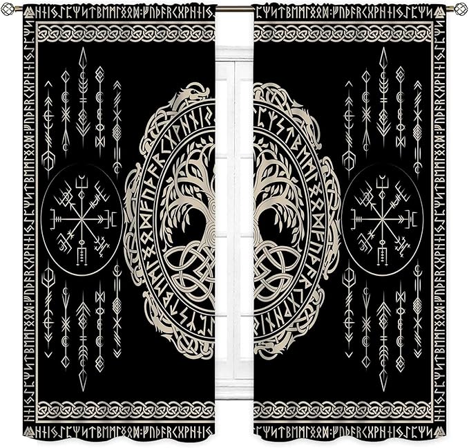Viking Curtains, Nordic Tree of Life Celtic Rune Scandinavian Gothic Norse Mythology Aesthetic Retro Drapery for Bedroom Living Room Bathroom Window 2 Panel Set, 63"x63" Inch