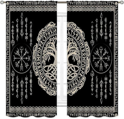 Viking Curtains, Nordic Tree of Life Celtic Rune Scandinavian Gothic Norse Mythology Aesthetic Retro Drapery for Bedroom Living Room Bathroom Window 2 Panel Set, 84"x84" Inch