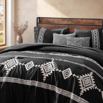 MaiRêve Embroidery Queen Size Comforter Set Black, Boho Farmhouse Western Bedding Set 7 Pieces, All Season Bed in A Bag Comforter Set with Sheets, Pillowcases & Shams