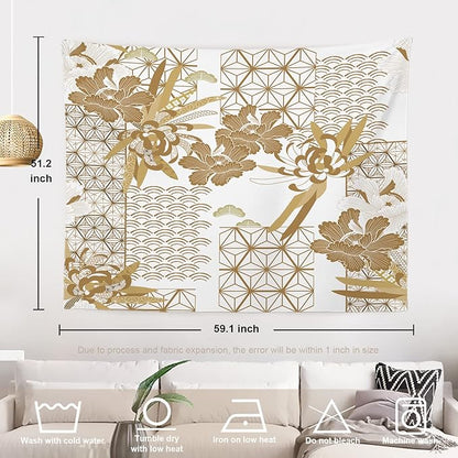 Batmerry Gold Japanese Floral Tapestry,Spring Wall Art Hanging Decoration Polyester Fiber White Ruffled Around for Dorm Room Bedroom Living Room, 51.2x59.1 inches