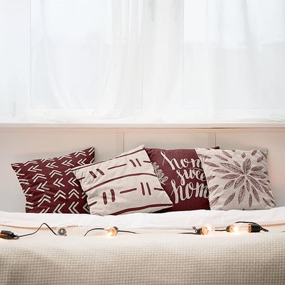 Ambesonne Modern Throw Pillow Cushion Case Pack of 4, Scandinavian Minimal Ornaments Boho Feather Leaves and Home Phrase Print, Modern Accent Double-Sided Digital Printing, 18", Pale Tan and Burgundy