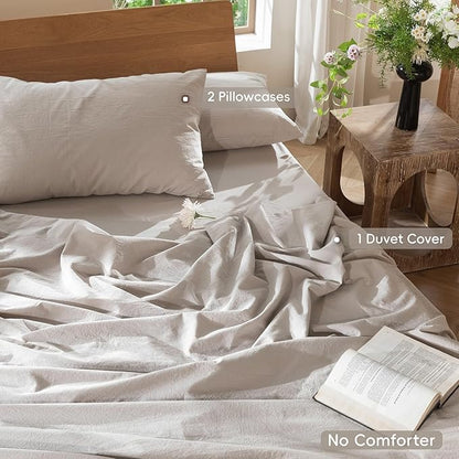 MooMee Bedding Duvet Cover Set 100% Washed Cotton Linen Like Textured Breathable Durable Soft Comfy (Solid Light Tan, King 104"x90")