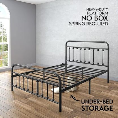 Golden Gate Beds Victorian Vintage Style Metal Bed Frame with Wrought Iron Headboard and Footboard, Classic Platform Bedframe with Storage, No Box Spring Needed, Mattress Foundation, Black, Full Size