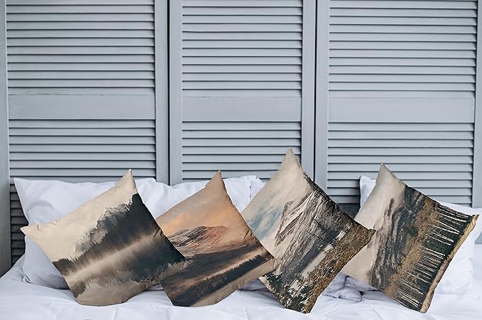 Ambesonne Landscape Throw Pillow Cushion Case Pack of 4, Snowy Mountains Woods Early Morning Sunrise Nature Outdoors Scenery Photo, Modern Accent Double-Sided Digital Printing, 20", Brown White