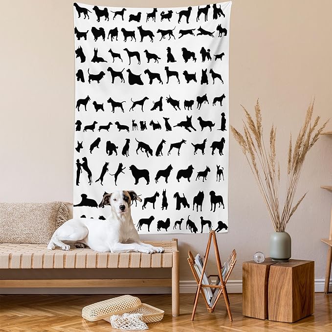 Ambesonne Dog Lover Tapestry, Silhouettes of Different Breeds of Dogs Chow Chow Shepherd Pinscher Spaniel, Wall Hanging for Bedroom Living Room Dorm Decor, 60" X 80", Black White