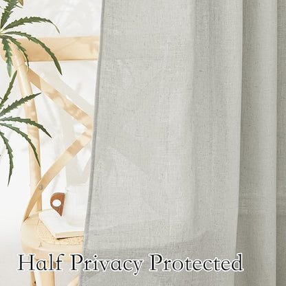 RYB HOME Linen Sheer Curtains 95 inches Long, Textured Privacy Semi Sheer Curtains 2 Hanging Options for Bedroom Office Living Room Patio Door Window Decor, Grey, W 52 x L 95, 2 Pcs