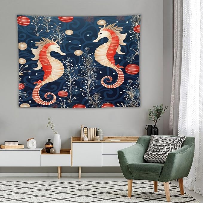 MaSiledy Seahorse Christmas Kiss Beach Tapestry As Wall Art Coastal Nautical Vintage Aesthetic Tapestry Wall Hanging Landscape Tapestry Wall Decor for Bedroom Living Room Dorm 60"x80"
