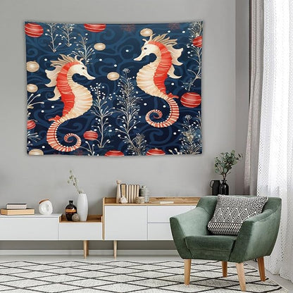 MaSiledy Seahorse Christmas Kiss Beach Tapestry As Wall Art Coastal Nautical Vintage Aesthetic Tapestry Wall Hanging Landscape Tapestry Wall Decor for Bedroom Living Room Dorm 60"x80"