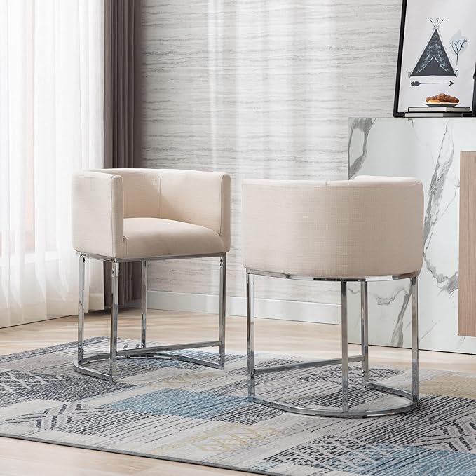 Modern Counter Height Linen Upholstered Bar Stools Set of 2, 24" Kitchen Counter Island Stools Bar Chairs with Chrome Finish Metal Frame for Kitchen Island, Cream