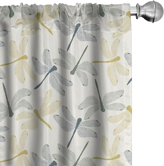 Ambesonne Dragonfly Window Curtains Pack of 2, Colorful Silhouettes of Exotic Insects Open Wings Beauty of Nature, Lightweight Set with Rod Pocket, 4 Panels of - 28" x 84", Green Mustard