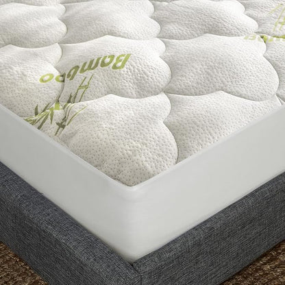 Queen Size Mattress Pad Air Topper Cover, Viscose Made from Bamboo, Soft Breathable Noiseless Camping Stretches up to 18"