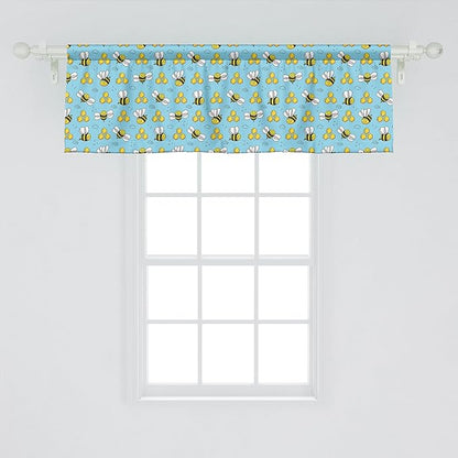 Ambesonne Cartoon Window Valance Pack of 2, Summer Style Funny Demonstration of Happy Flying Characters and Hexagon Comb, Rod Pocket Curtain Valances for Kitchen Bedroom, 42" X 18", Sky Blue Mustard