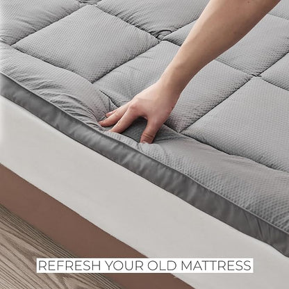 Great Bay Home Twin Mattress Topper. Thick, Elastic Corner Mattress Protector and Cover. Ultra-Soft Pillowtop Mattress Pad. Fits Mattresses Up to 18" (Twin, Light Grey)